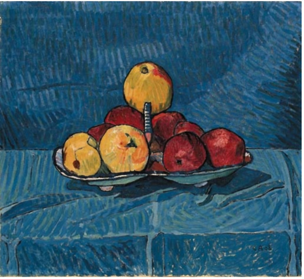 Das Kunstmuseum Bern ordnet 1999 in einer Ausstellung Cuno Amiet (1868-1961) in internationale Strömungen der Malerei ein: «Äpfel auf Blau» (1908).