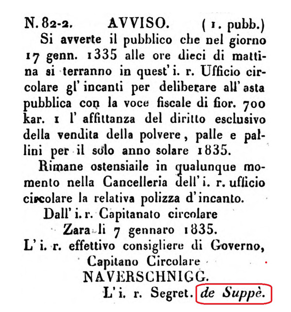 Namensschreibweise von Suppès Vater in der Gazzetta di Zara vom 13. Januar 1835, Seite 5.