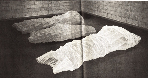 Fraenzi Neuhaus vernäht Textilien so, dass aus der stofflichen Fläche ein dreidimensionaler Körper entsteht: Bodenobjekte 1999 in der Galerie am Marktplatz Büren. (Foto: Eva Buhrfeind)
