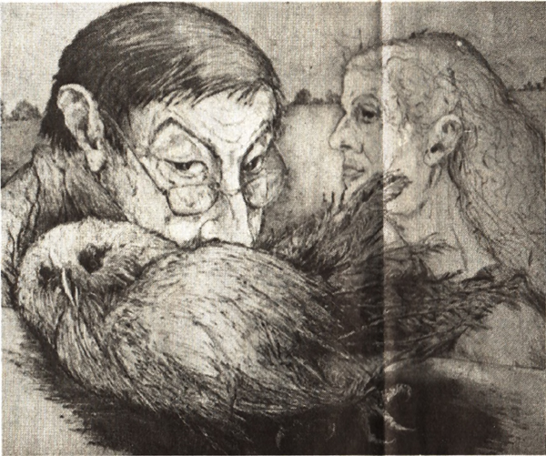 «Mit toter Eule»: Druckgrafik von und mit Günter Grass 1994 in der Galerie Belarte Lengnau. (Foto: Eva Buhrfeind)