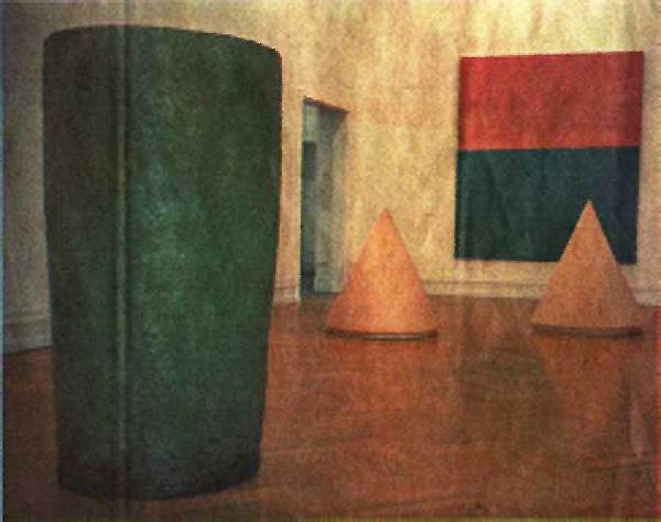Installation von Alois Lichtsteiner 1992 in der Kunsthalle Bern mit «Gefäss» (vorne links), «Kegeln» sowie dem Bild «Bassin» (hinten). (Foto Eva Buhrfeind)